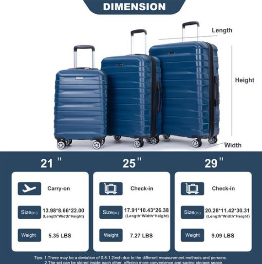 3 Piece Suitcase Set PC Lightweight And Durable Expandable Carrying Case With Two Hooks, Double Swivel Wheels, TSA Lock, 21-25-29 Dark Blue