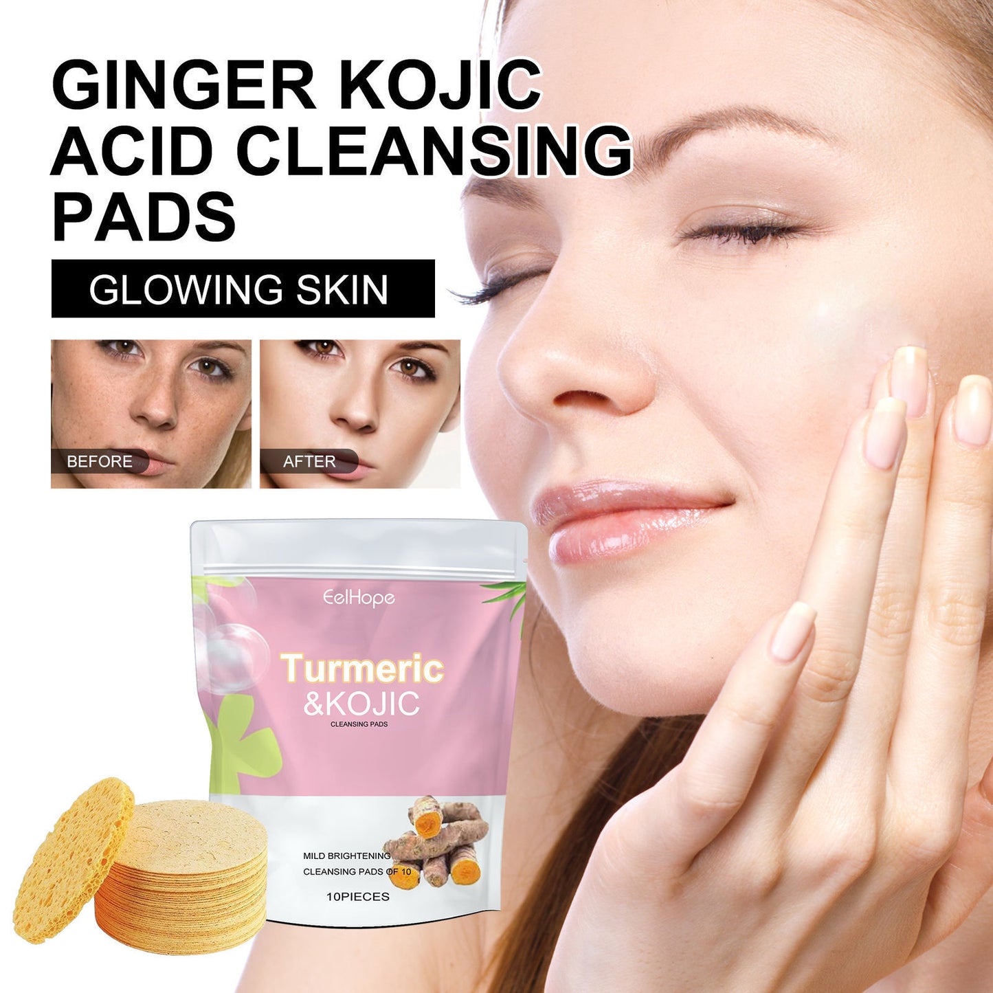 EelHope Turmeric Kojic Cleansing Pads, Deep Clean Delicate Pores Reduce Acne Spots Facial Skin Brightening